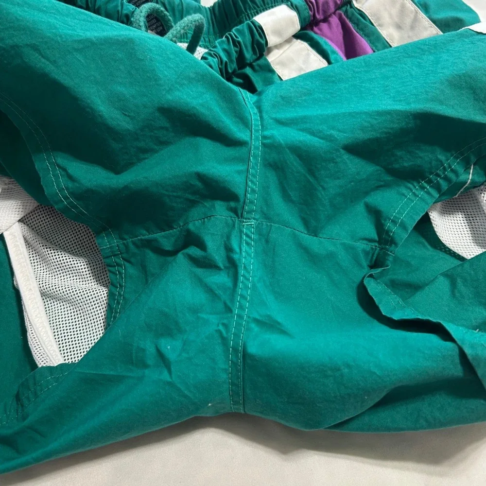 Vintage Lands End Mens Green Purple Striped Cotton Swim Trunks Large 36-38 27261